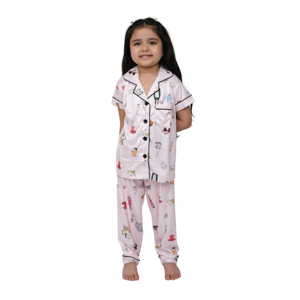 Light pink silk bleand printed short sleeve night suit set for girls, collar neck, ankle length