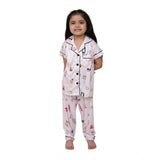 Light pink silk bleand printed short sleeve night suit set for girls, collar neck, ankle length
