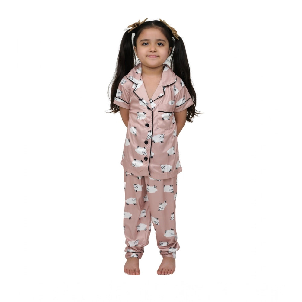 Brown silk bleand printed short sleeve night suit set for girls, collar neck, ankle length sleeves