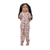 Brown silk bleand printed short sleeve night suit set for girls, collar neck, ankle length sleeves