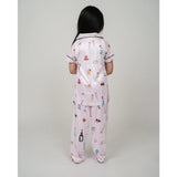 Light pink silk bleand printed short sleeve night suit set for girls, ankle-length with collar neck