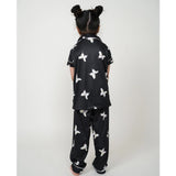 Black silk bleand printed short sleeve night suit set for girls, collar and ankle length with short sleeves