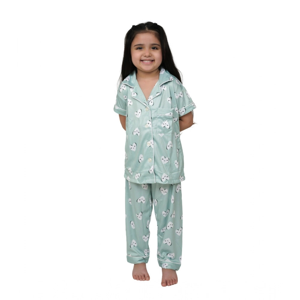 Light green silk bleand printed short sleeve night suit set for girls, collared and ankle-length with short sleeves