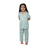 Light green silk bleand printed short sleeve night suit set for girls, collared and ankle-length with short sleeves