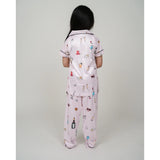 Creem silk bleand printed short sleeve night suit set for girls, collar neck, ankle length sleeves