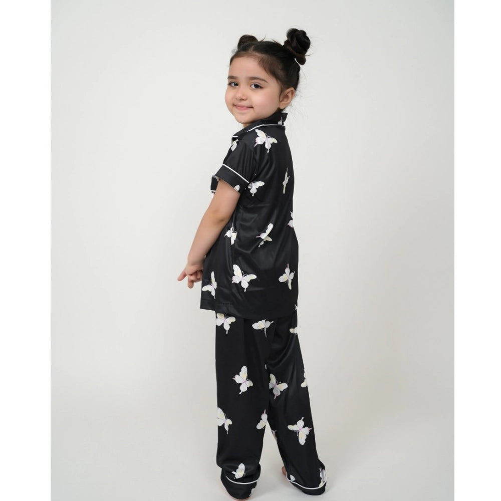 Black silk bleand printed short sleeve night suit set for girls, ankle-length with collar neck