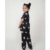 Black silk bleand printed short sleeve night suit set for girls, ankle-length with collar neck