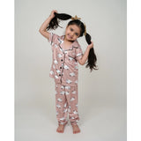 Brown silk bleand printed short sleeve night suit set for girls with collar neck and ankle length sleeves