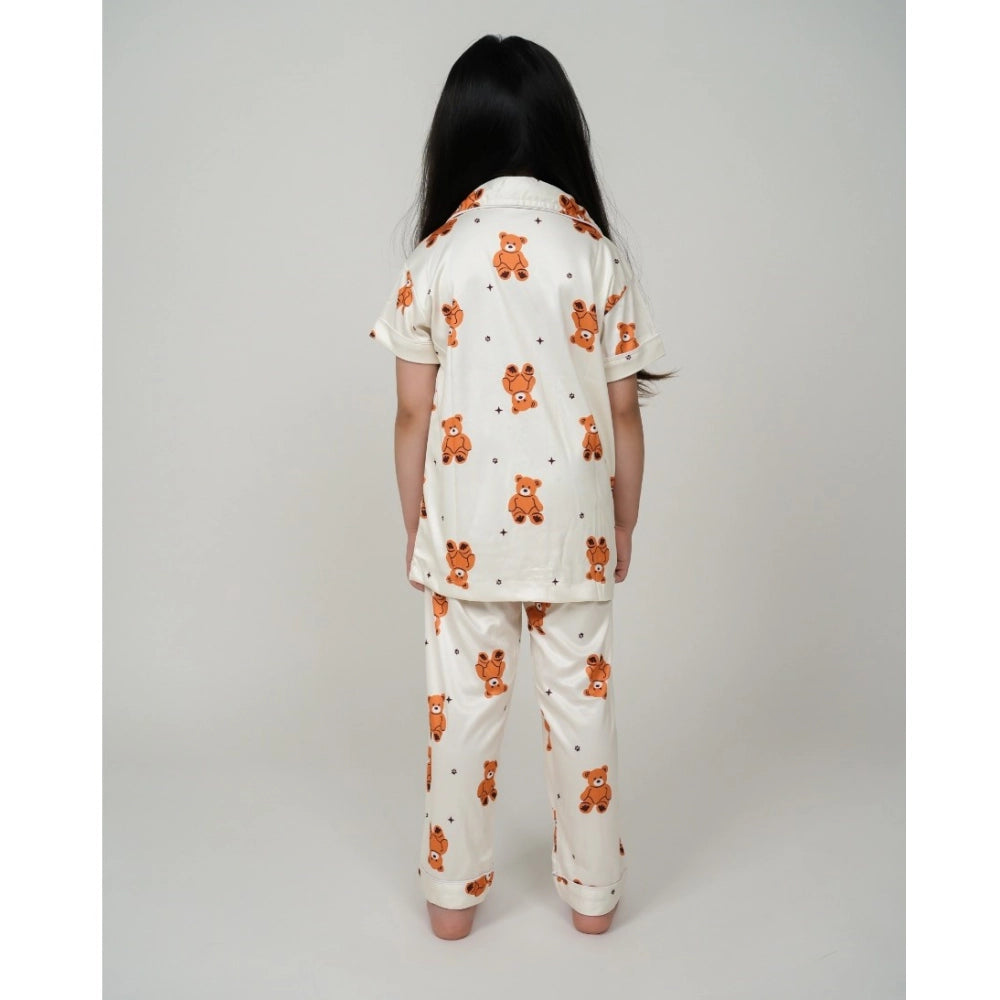 White silk Blend printed short sleeve night suit set for girls, featuring collar neck and ankle length sleeves