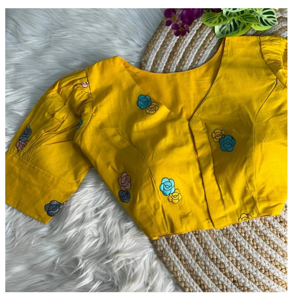 Women's Cotton Embroidery V Neck Short Sleeve Readymade Blouse (Yellow, Free Size)