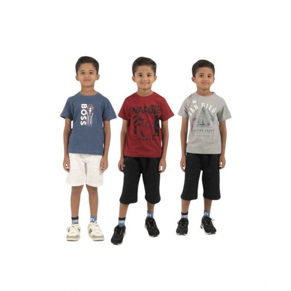 Multi-colored cotton printed short sleeve boy's t-shirts pack, three pieces in crew neck style