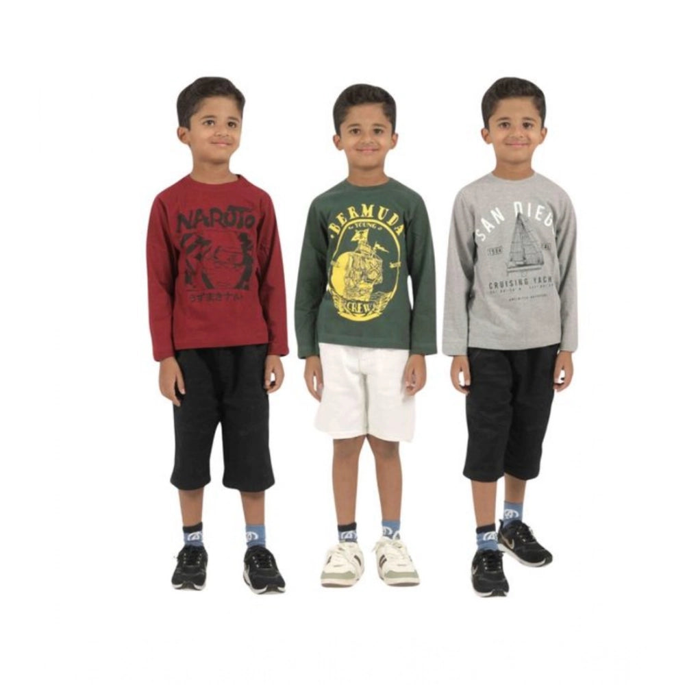Multicolor cotton printed boy's t-shirt set (3 pieces), crew neck, full sleeve