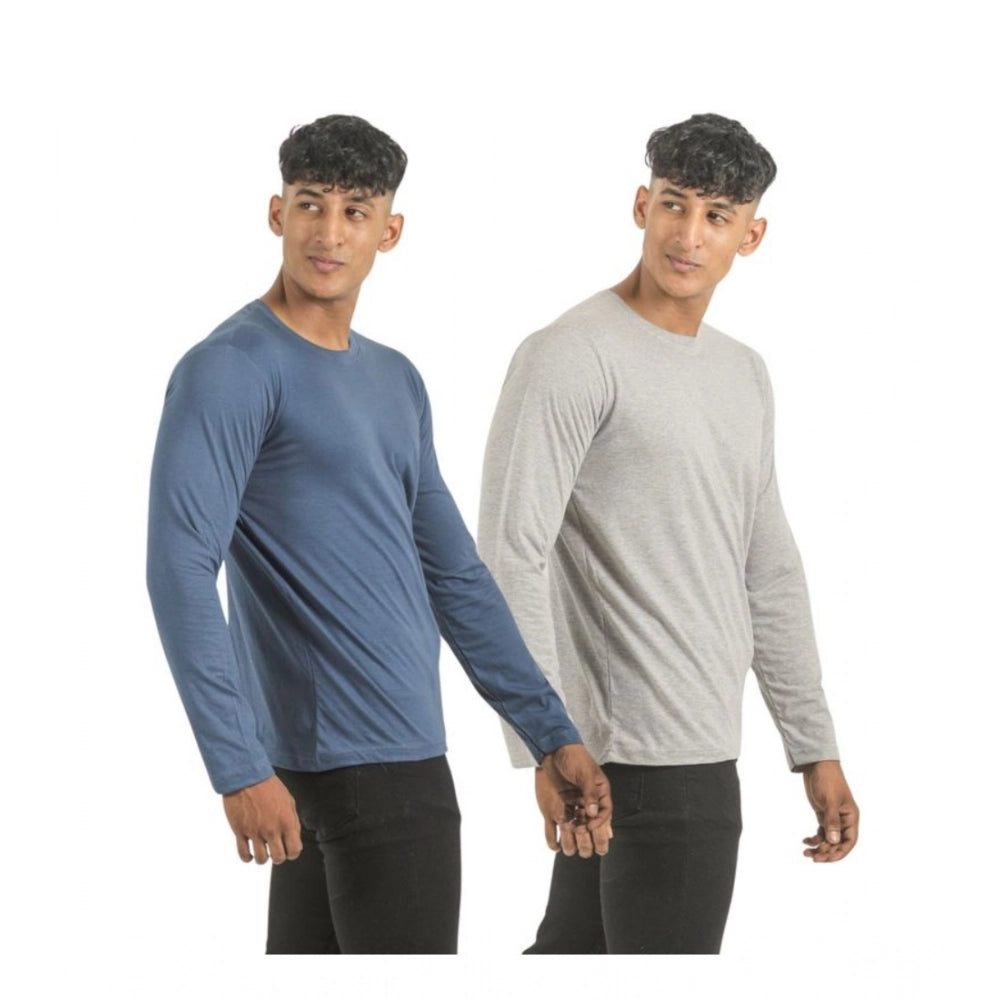 Multicolor men's cotton solid full sleeve t-shirts - pack of 2, crew neck style