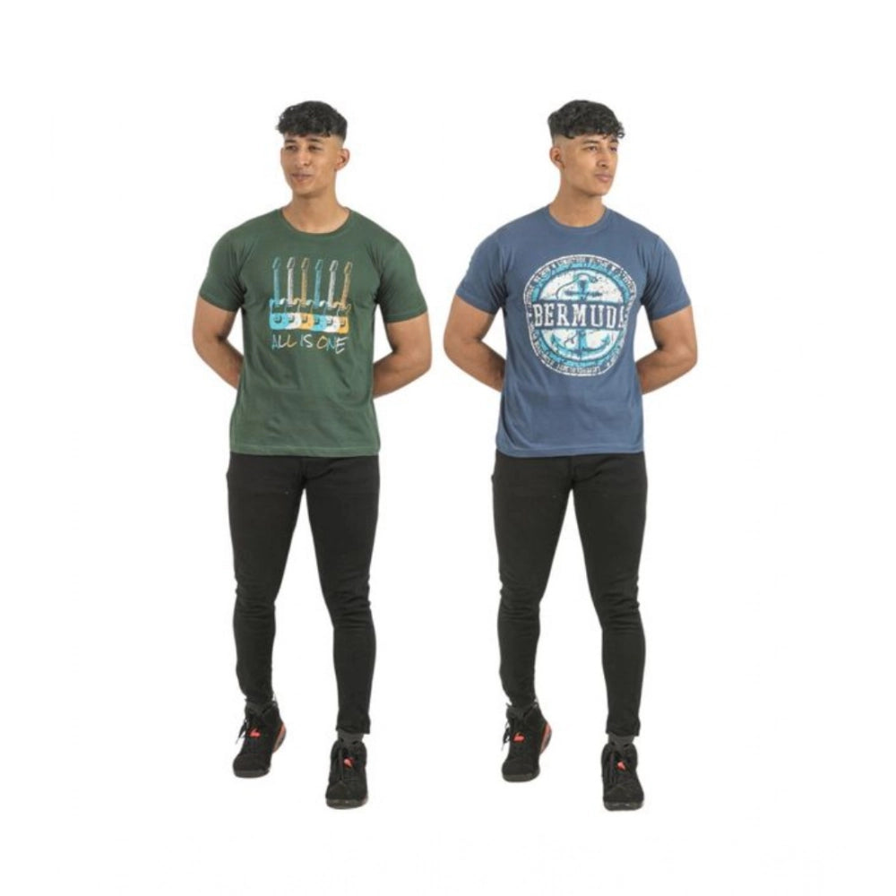 Multi-colored men's casual cotton printed short sleeve t-shirts, pack of 2 with crew neck