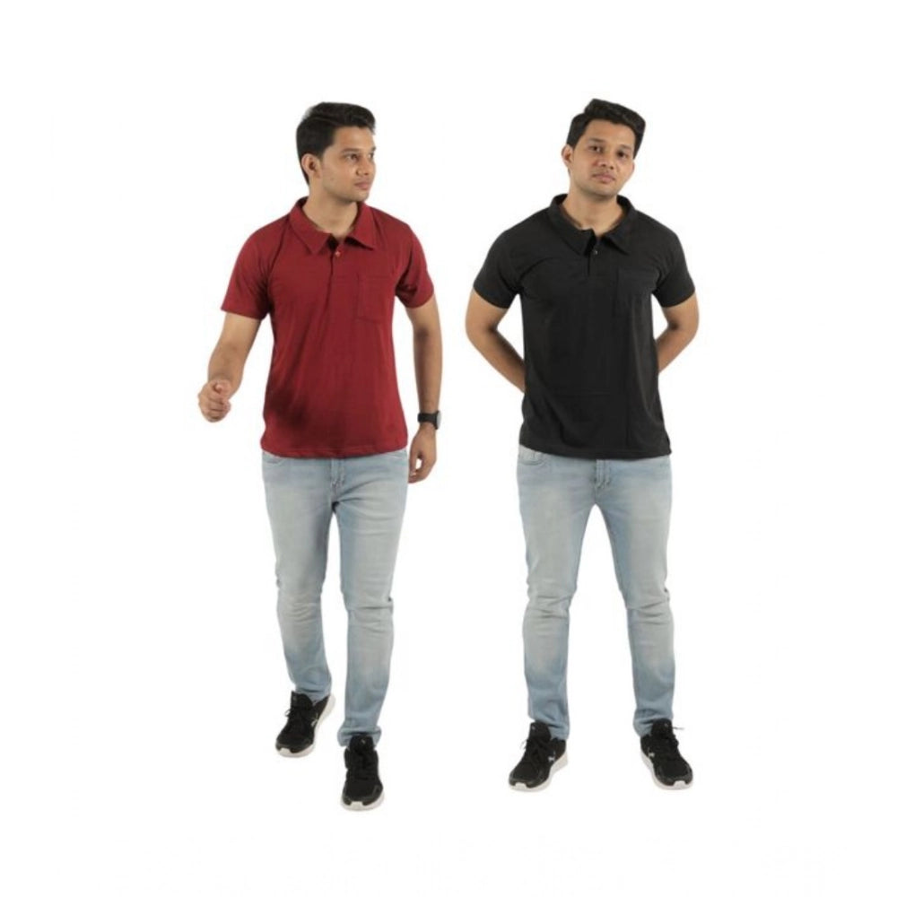 Men's multicolor solid cotton casual t-shirts (pack of 2), short sleeve, collar neck