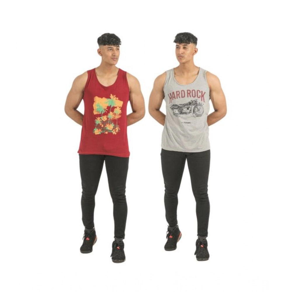 Multi-colored men's cotton printed sleeveless tees (pack of 2), crew neck, casual wear for summer