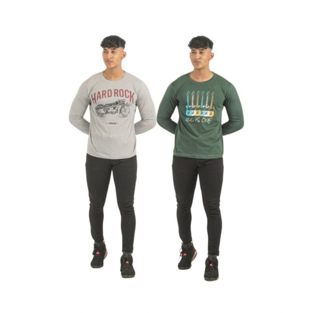 Men's multicolor cotton printed full sleeve t-shirts (2 pack), crew neck style with vibrant designs on display