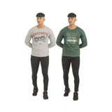 Men's multicolor cotton printed full sleeve t-shirts (2 pack), crew neck style with vibrant designs on display