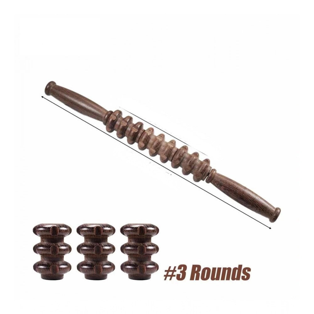 Brown wood wheel roller scraping tool for muscle massage, trigger point relief on body