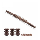 Brown wood wheel roller scraping tool for muscle massage, trigger point relief on body