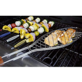 Steel grilling basket for roasted fish & vegetables, silver-colored with folding handle clip