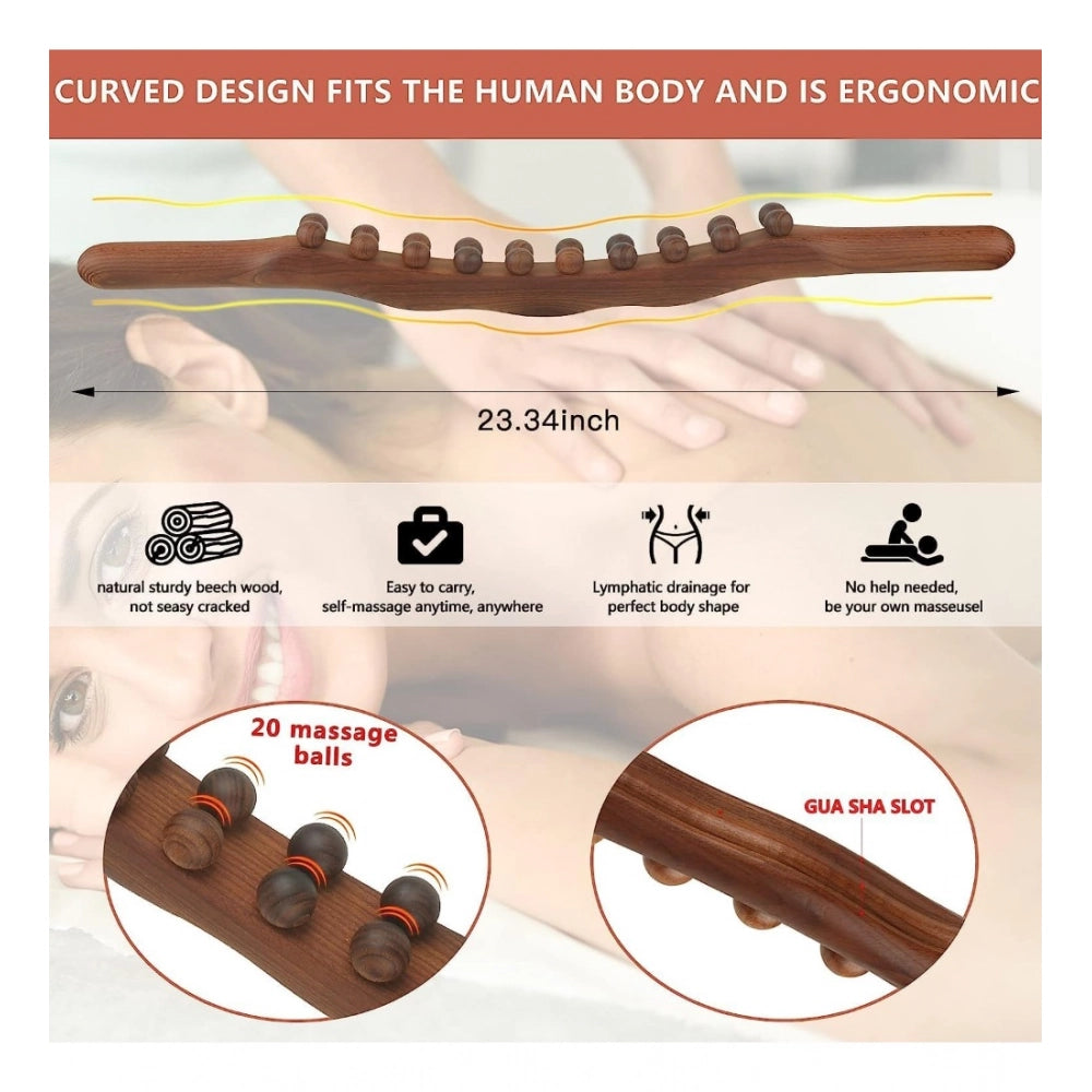 Brown wood gua sha stick therapy massager, double roll with 20 beads for facial massage