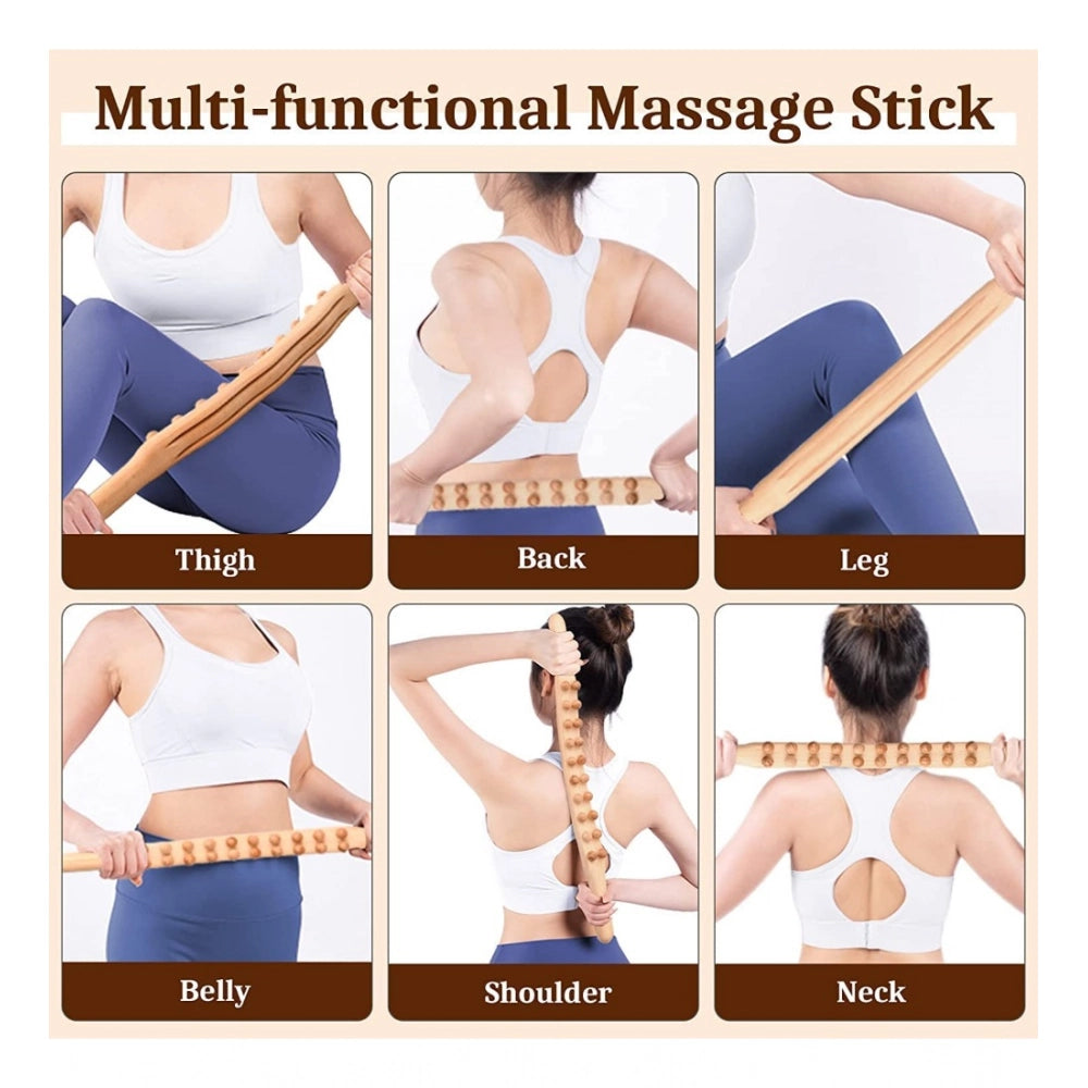 Wooden double row Gua Sha massager for facial contouring, relieves muscle tension on spa table