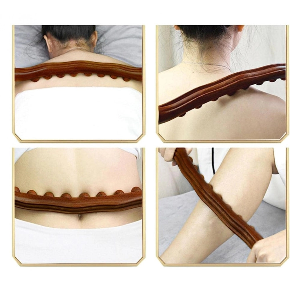 Brown wood Gua Sha massager therapy tool with 8 bead roller for facial massage