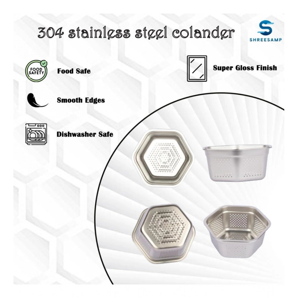 Steel hexagon washing colander, stainless steel basin (silver) for kitchen straining