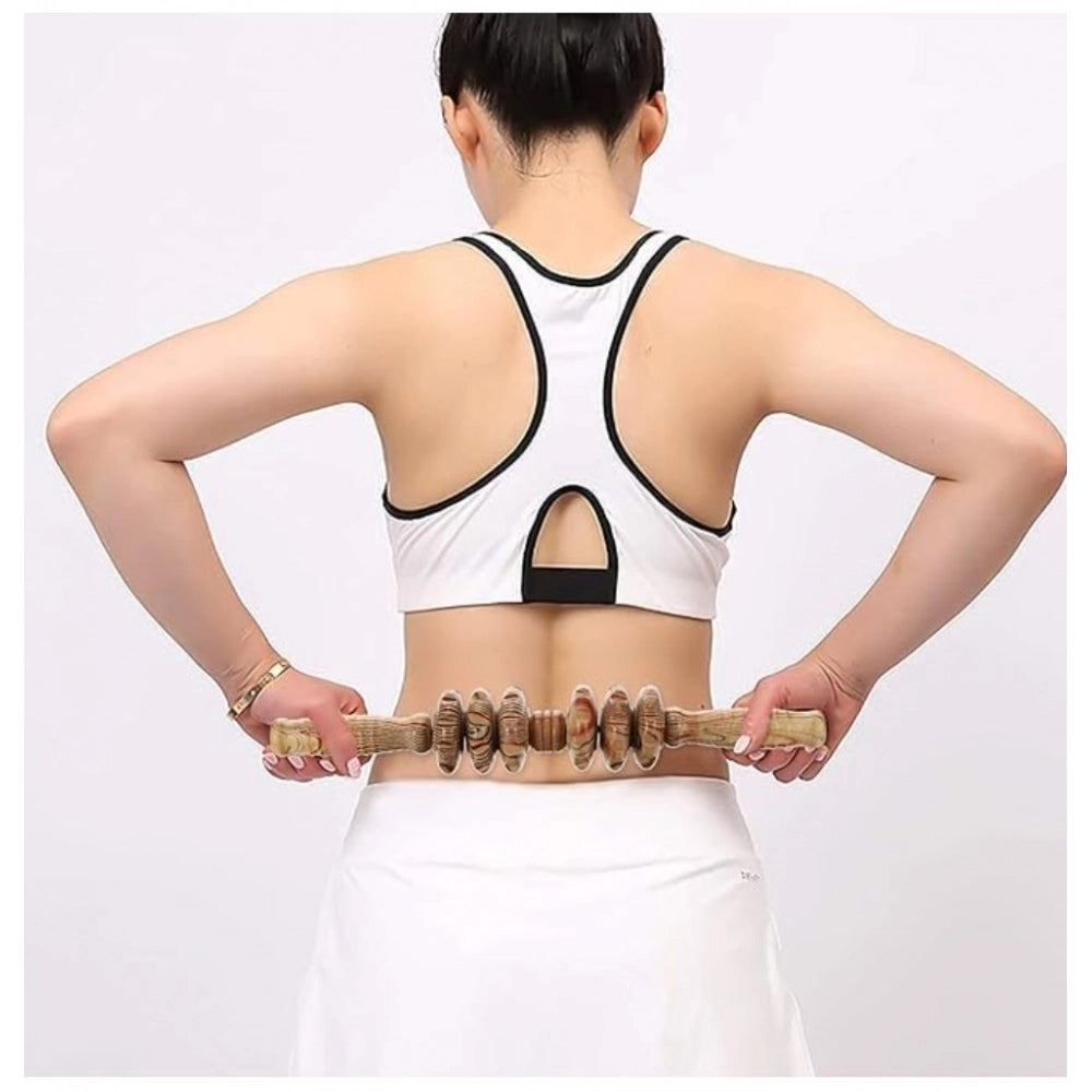 Wooden 7-wheel roller Gua Sha gym massage tool for body, legs - natural wood texture