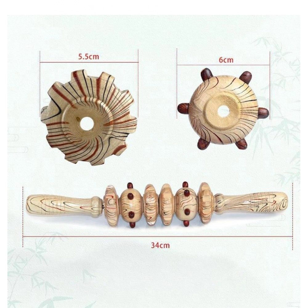 Wood 6-wheel massage roller for body therapy, natural wooden scraping tool on a flat surface