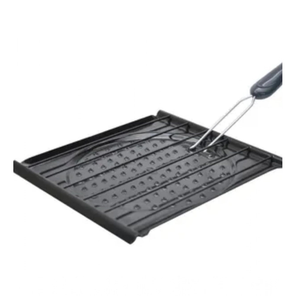 Black steel toaster grill with foldable handle, perfect for BBQ on kitchen counter