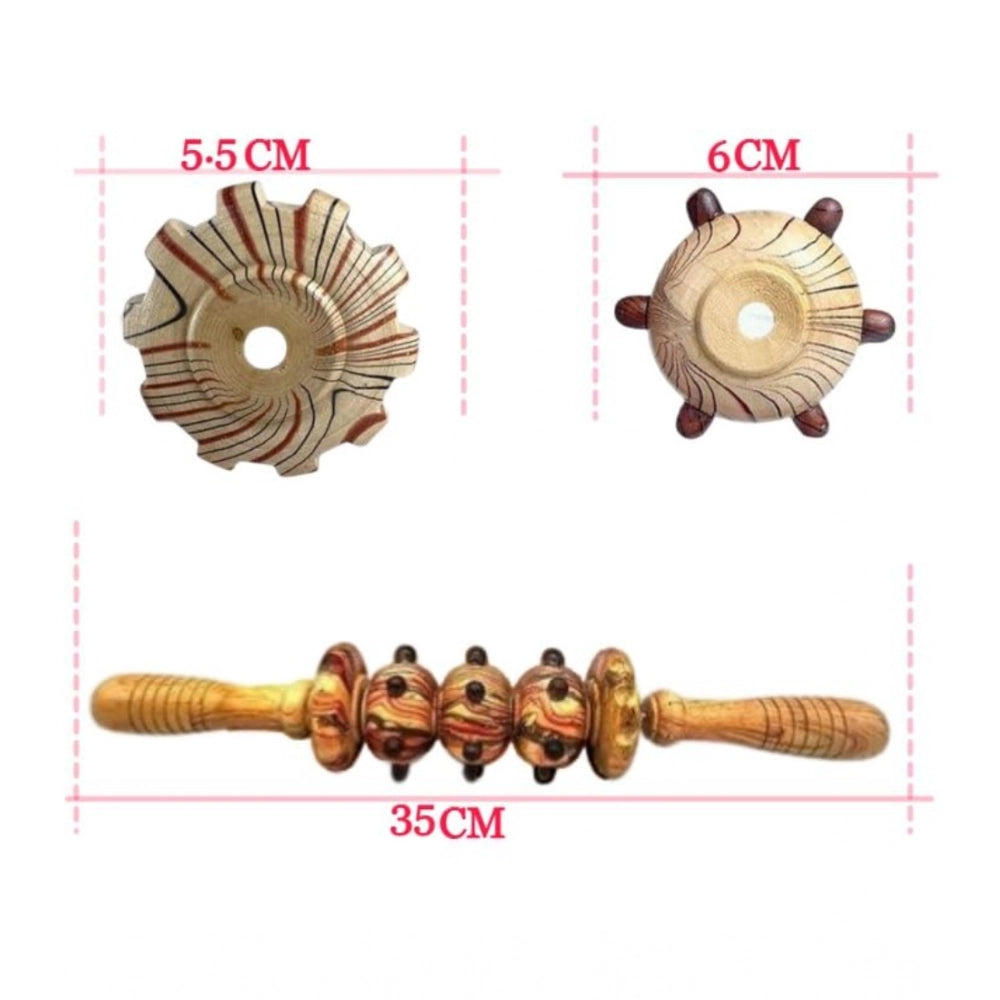 Wooden massage roller with Gua Sha 5 wheels for back, leg muscle relief