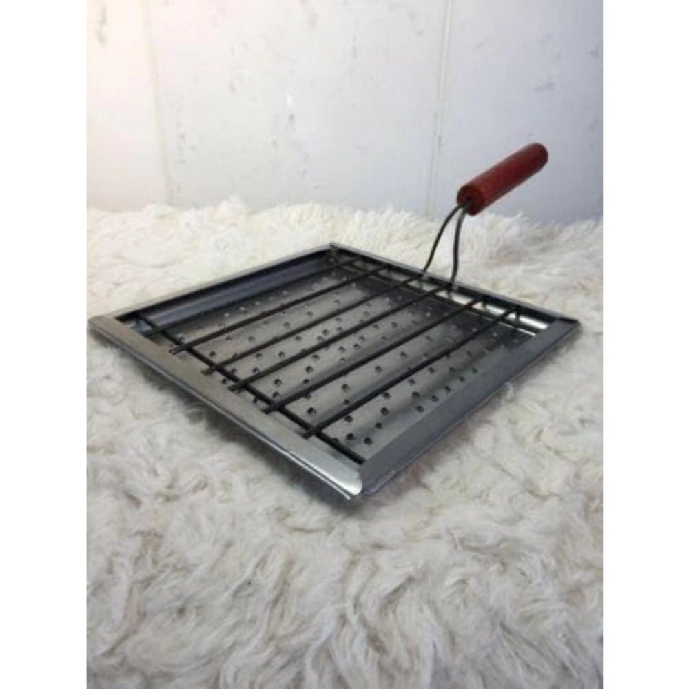 Silver stainless steel mini smoker for outdoor BBQ, durable tabletop design
