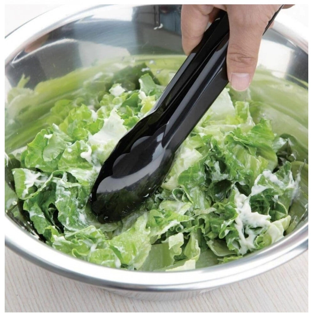 Black steel kitchen serving salad tongs for BBQ, disposable utensils ideal for food serving