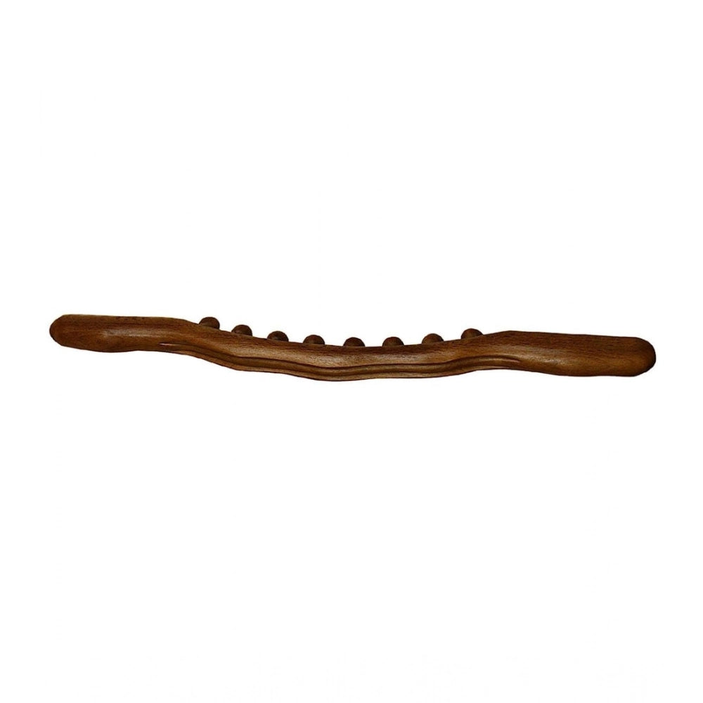 Brown wood Gua Sha massager therapy tool with 8 bead roller, ideal for facial massage and skincare routine