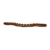 Brown wood Gua Sha massager therapy tool with 8 bead roller, ideal for facial massage and skincare routine