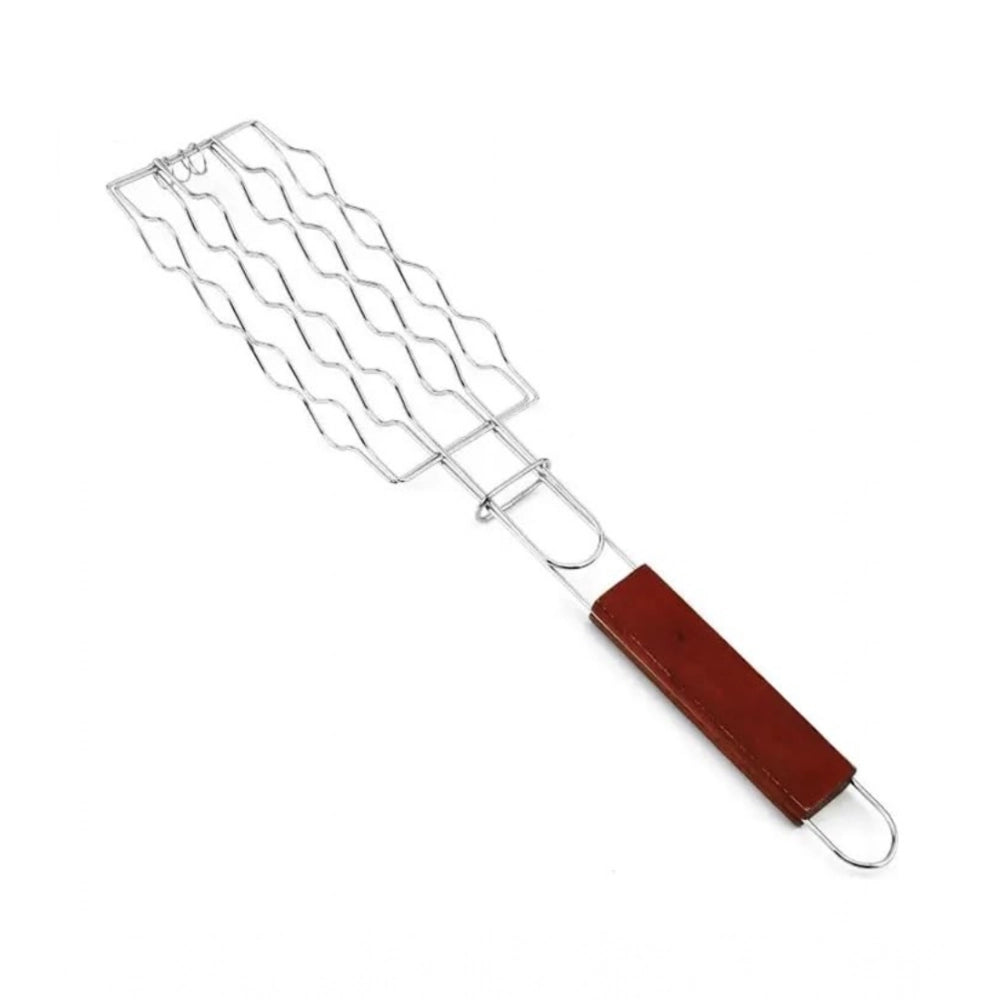 Steel hot dog grilling tray, silver plated with wooden handle for BBQ cooking