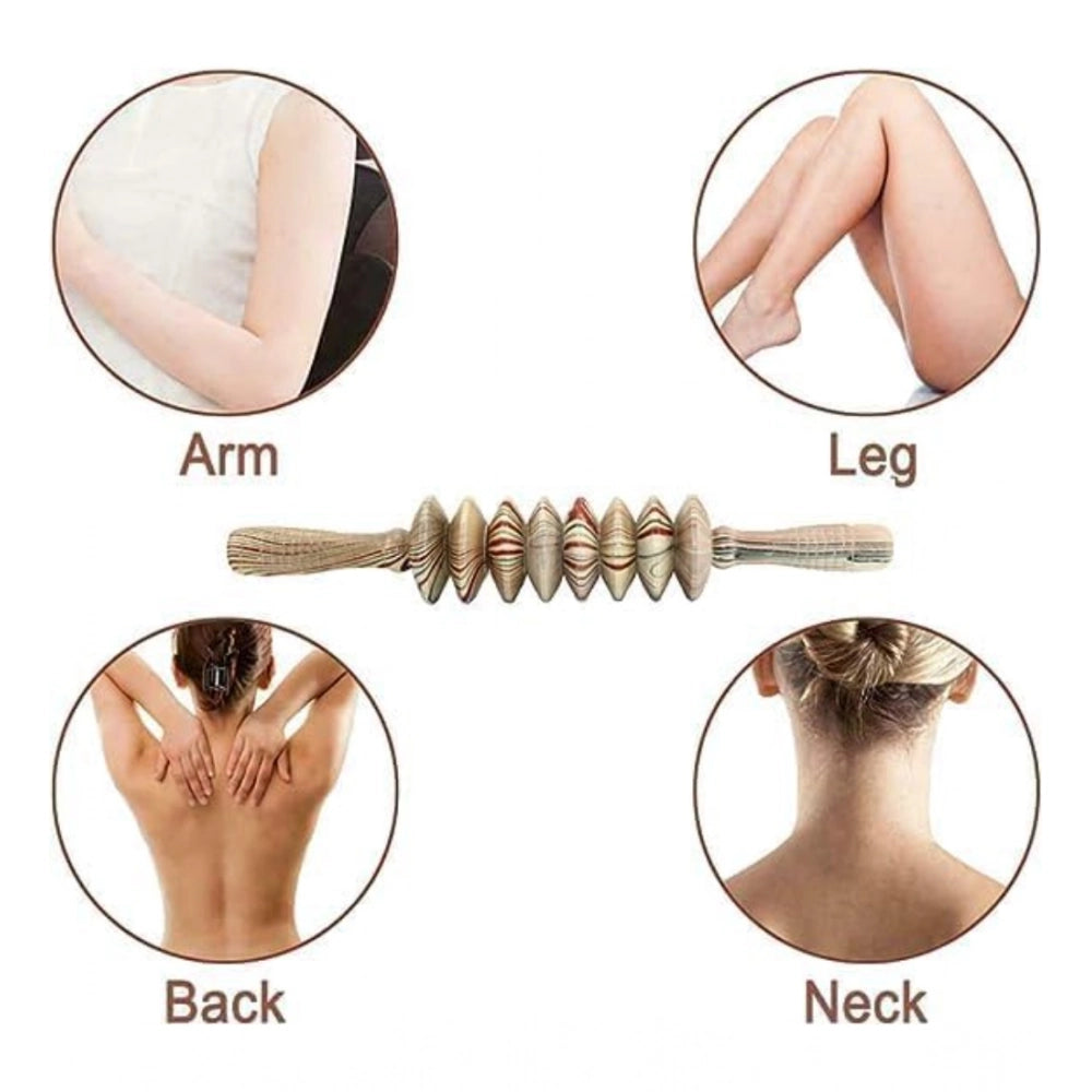 Wood 8-wheel roller muscle massager for trigger points, fitness kit