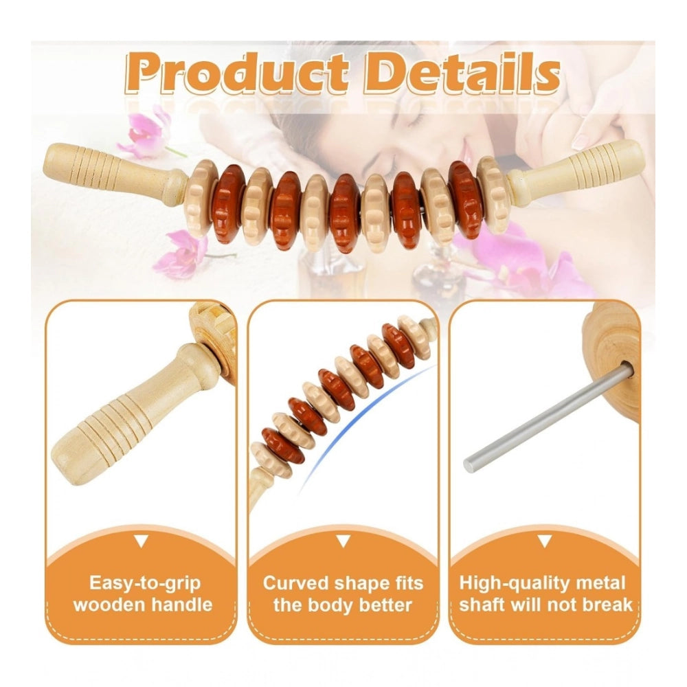Brown wood wheel roller massage stick, 11-wheel Gua Sha therapy tool for spa-like self-care at home