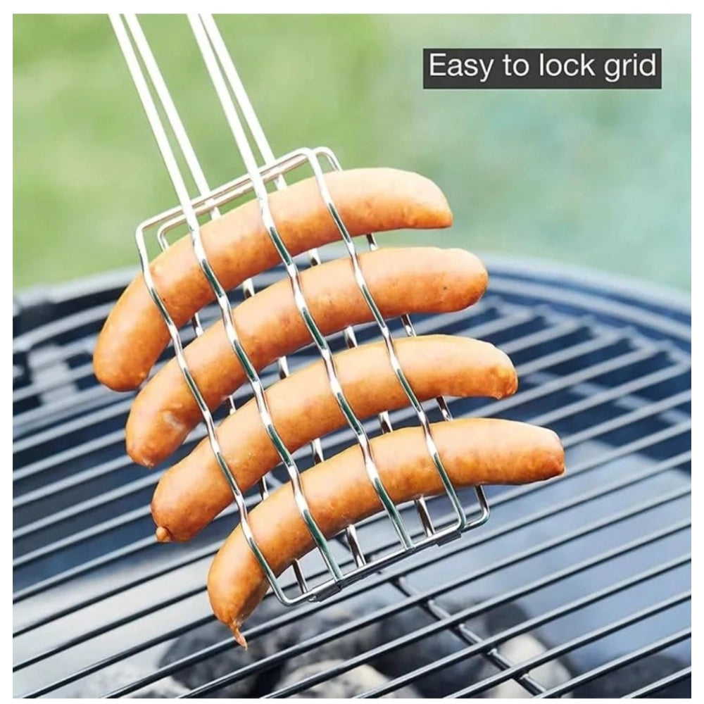 Steel grill tray for hot dogs, silver-plated with wooden handle for BBQ cooking on patio