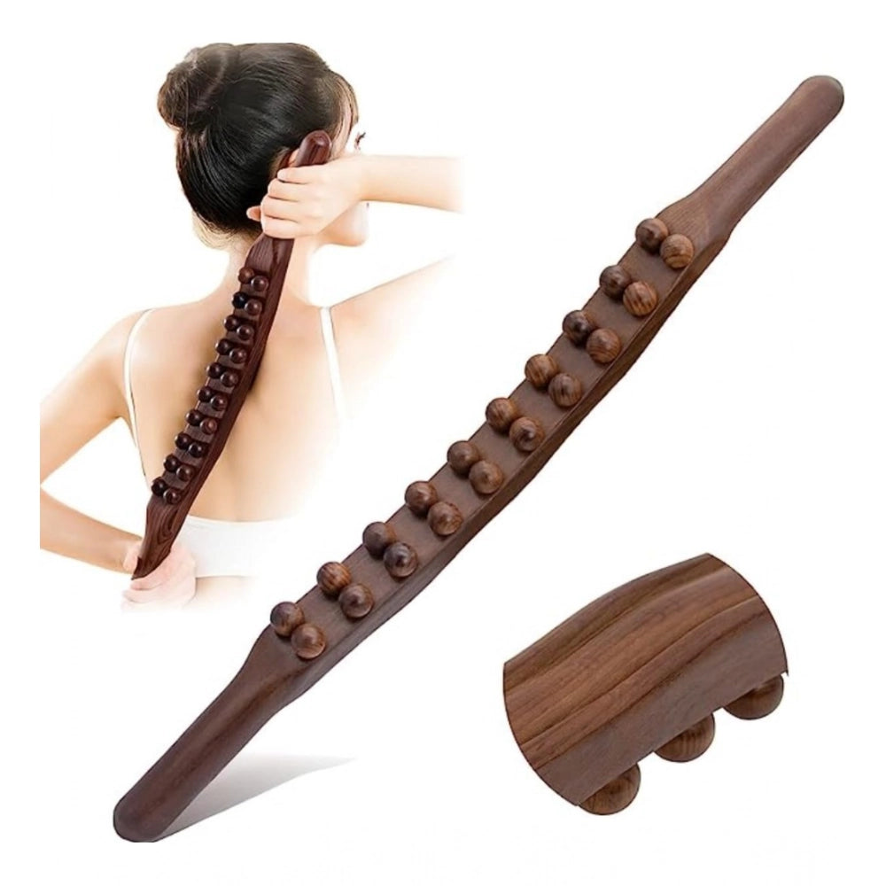 Brown wooden Gua Sha stick therapy massager, double roll with 20 beads for facial massage