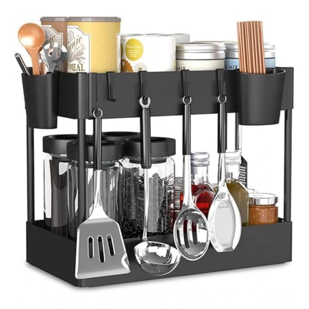 Black plastic 2-tier under sink organizer, space-saving storage solution for bathroom or kitchen