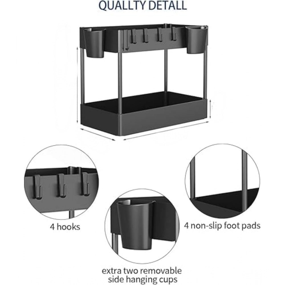 Black plastic 2-tier under sink organizer, space-saving bathroom storage solution