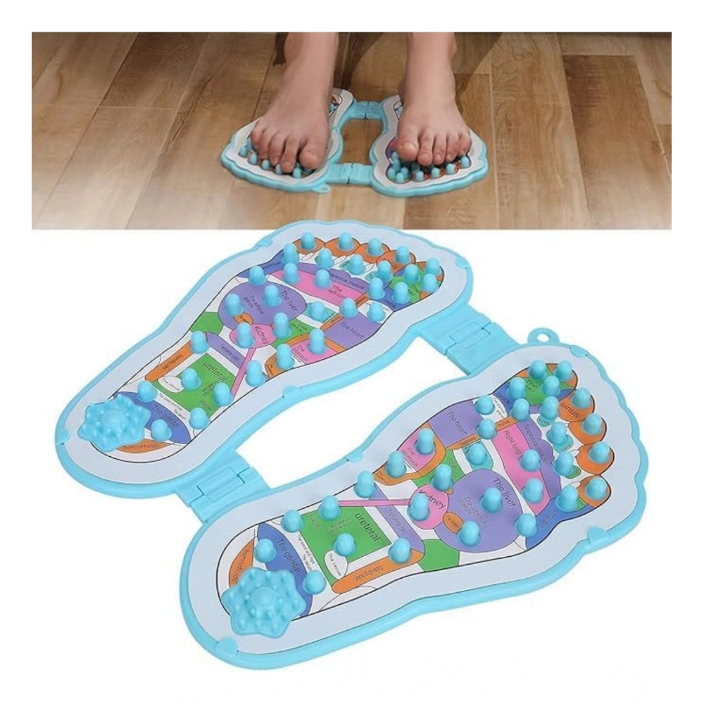Blue plastic foot massager with 32 acupoints for stress relief, ideal for home healthcare