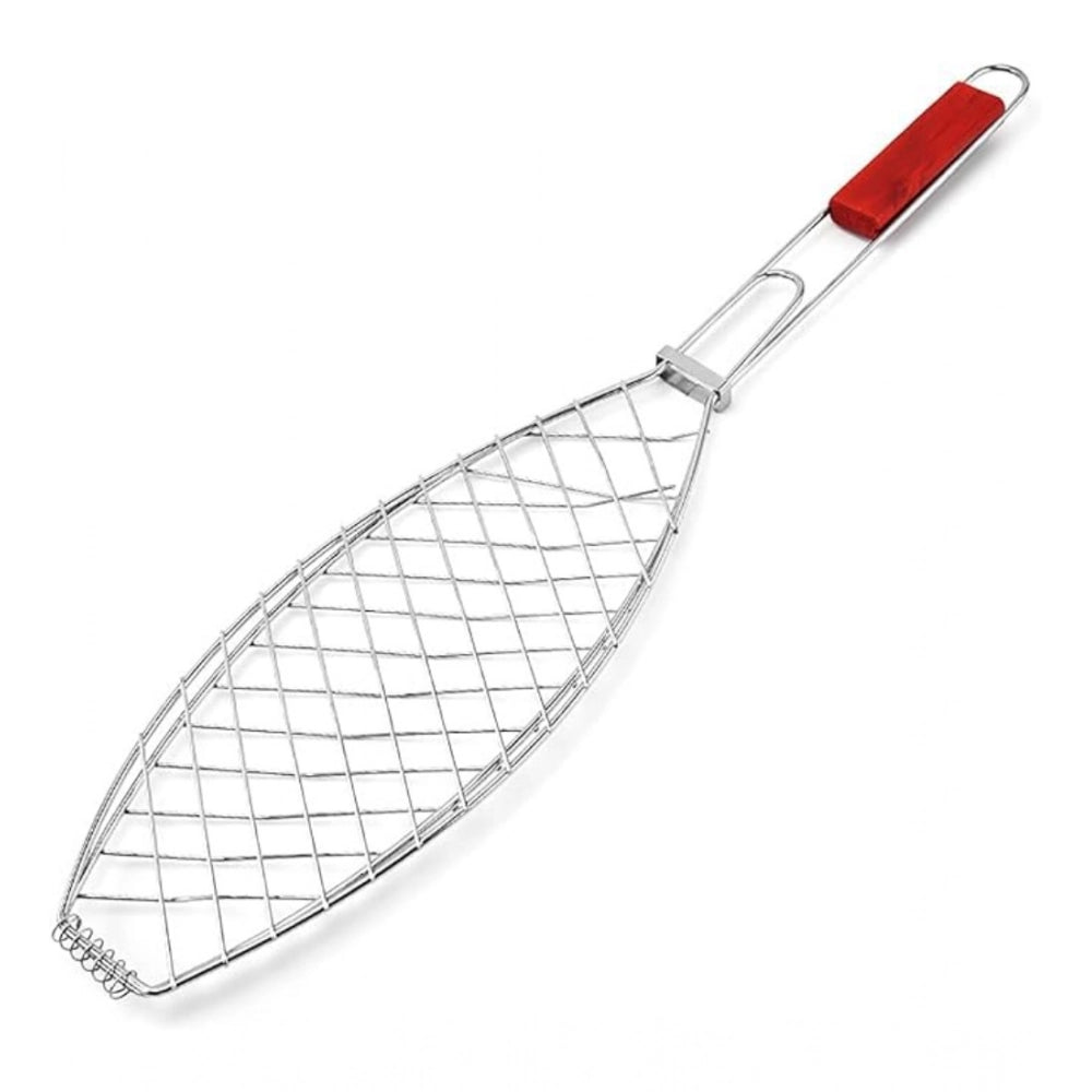 Steel grilling basket for roasting fish & vegetables, folding handle clip, silver color (may slightly differ)