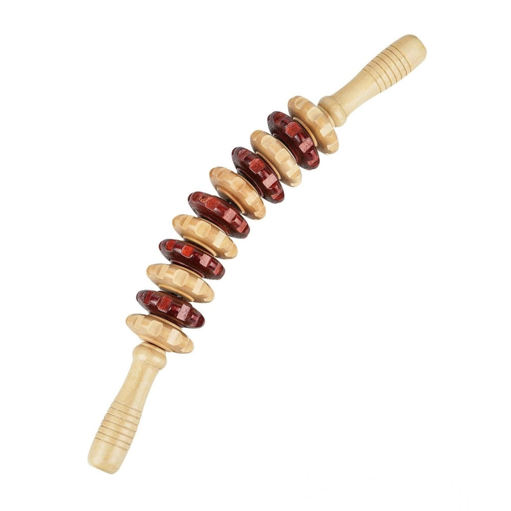 Brown wood massage stick, 11-wheel roller for black gua sha therapy tool