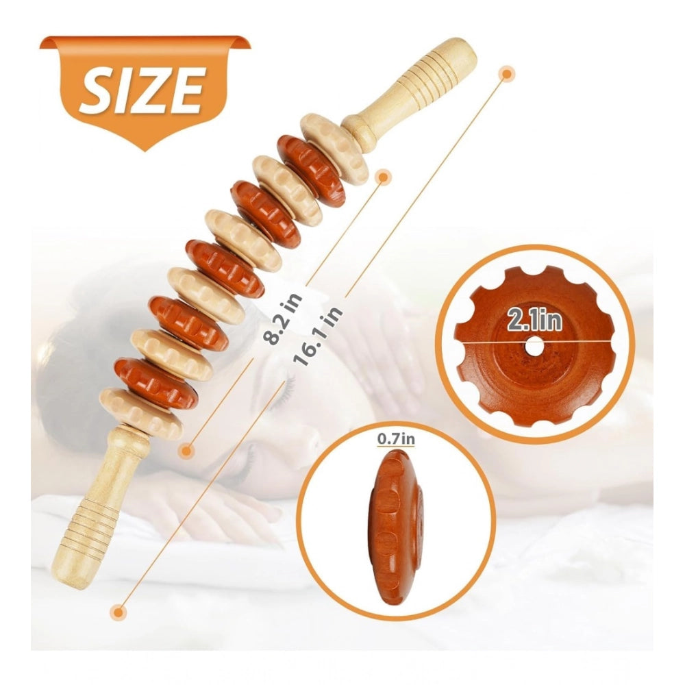 Brown wood wheel roller massage stick, 11-wheel wooden therapy tool for black gua sha self-massage
