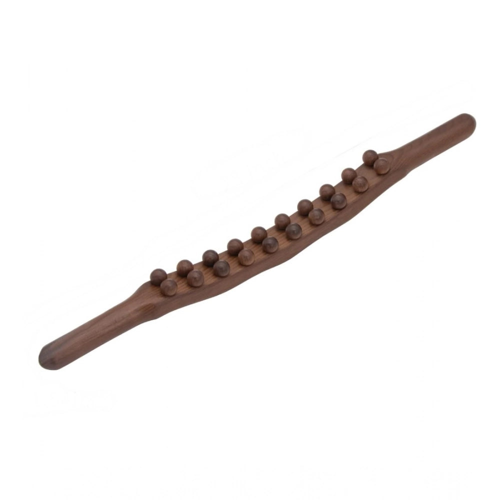 Brown wood Gua Sha therapy massager, double roll with 20 beads for facial and body treatment