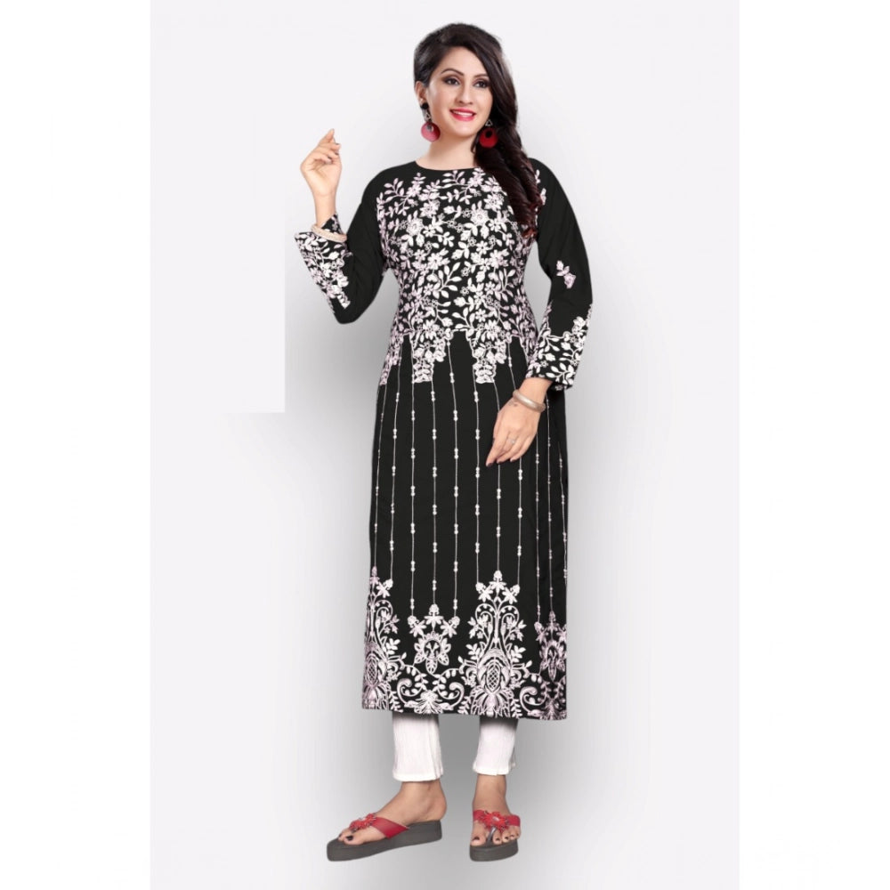 Black georgette printed round neck kurti with 3/4 sleeves, intricate pattern design